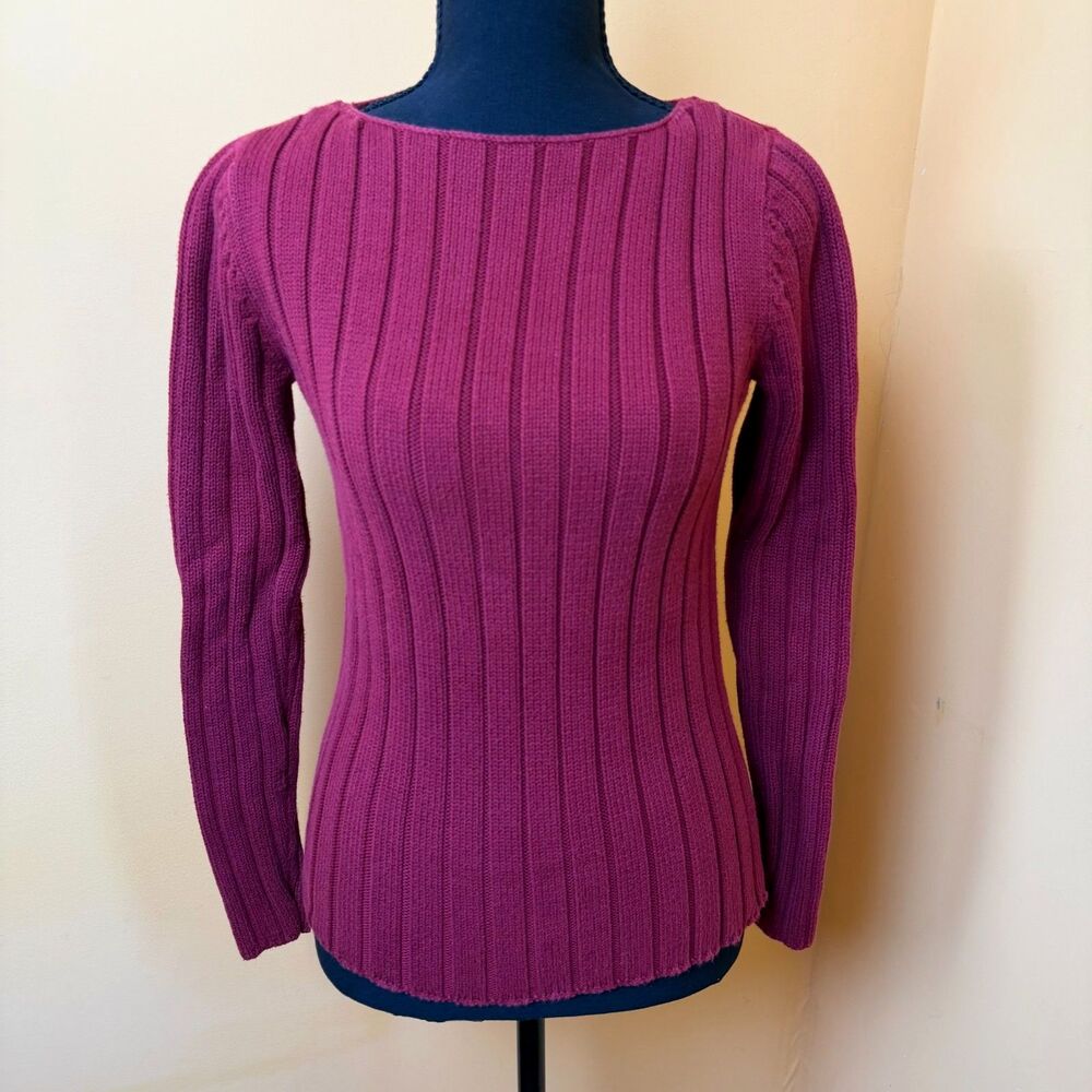 90s Y2K Ann Taylor Ribbed Sweater XS Maroon Cotton Knit Boat Neck Y2K Minimalist